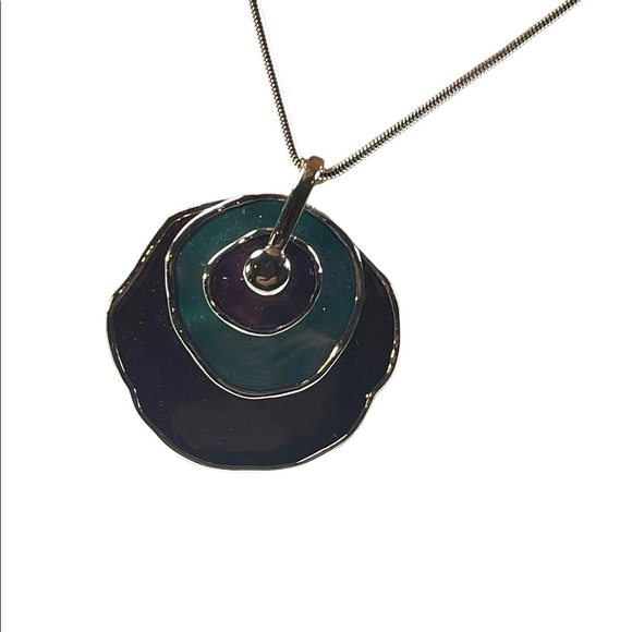 Vintage 1980s Silver finish Purple & teal abstract disk chunky necklace - Picture 6 of 12